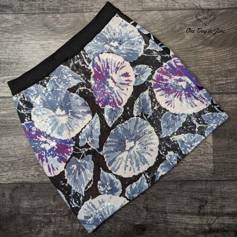 Pins and Needles Sequin Mini Skirt Floral Black Blue Purple Elastic Waist Size S